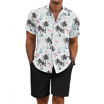 COOFANDY Men' Summer Set Beach Outfits 2 pc Short Sleeve Shirts and Shorts Vacation Linen Set