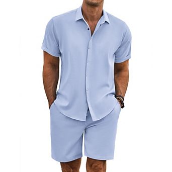 COOFANDY Men' Summer Set Beach Outfits 2 pc Short Sleeve Shirts and Shorts Vacation Linen Set