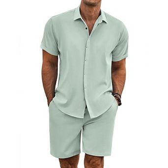 COOFANDY Men' Summer Set Beach Outfits 2 pc Short Sleeve Shirts and Shorts Vacation Linen Set