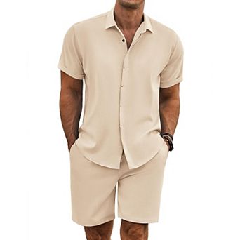 COOFANDY Men' Summer Set Beach Outfits 2 pc Short Sleeve Shirts and Shorts Vacation Linen Set