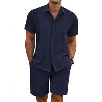 COOFANDY Men' Summer Beach Outfits 2 pc Short Sleeve Shirts and Shorts Vacation Linen Sets