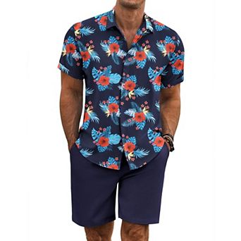 COOFANDY Men' Summer Set Beach Outfits 2 pc Short Sleeve Shirts and Shorts Vacation Linen Set