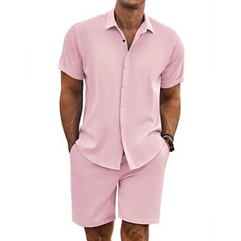 COOFANDY Men' Summer Set Beach Outfits 2 pc Short Sleeve Shirts and Shorts Vacation Linen Set