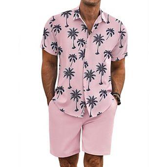 COOFANDY Men' Summer Set Beach Outfits 2 pc Short Sleeve Shirts and Shorts Vacation Linen Set