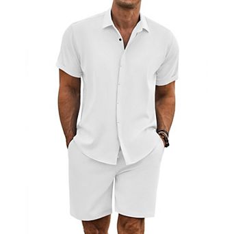 COOFANDY Men' Summer Beach Outfits 2 pc Short Sleeve Shirts and Shorts Vacation Linen Sets
