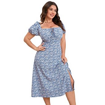 Womens Plus Size Floral Long Ruffle Dress Summer Square Neck Short Sleeve Boho Midi Dress with Slit