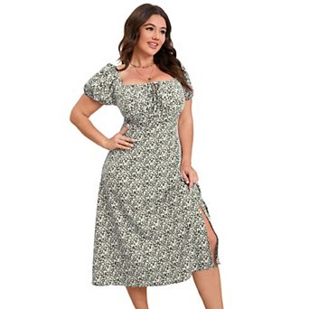Womens Plus Size Floral Long Ruffle Dress Summer Square Neck Short Sleeve Boho Midi Dress with Slit