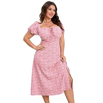 Womens Plus Size Floral Long Ruffle Dress Summer Square Neck Short Sleeve Boho Midi Dress with Slit