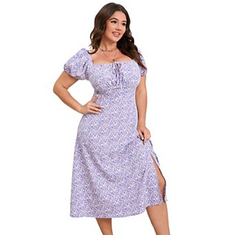 Womens Plus Size Floral Long Ruffle Dress Summer Square Neck Short Sleeve Boho Midi Dress with Slit