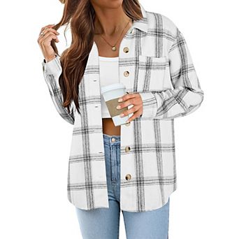 Zeagoo Women Flannel Shacket Jacket Plaid Button Down Long Sleeve Shirt Blouse Fall Outfits