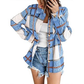 Zeagoo Women Flannel Shacket Jacket Plaid Button Down Long Sleeve Shirt Blouse Fall Outfits