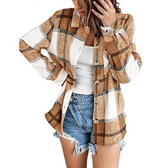 Zeagoo Women Flannel Shacket Jacket Plaid Button Down Long Sleeve Shirt Blouse Fall Outfits