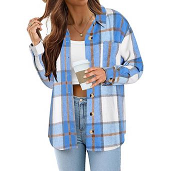 Zeagoo Women Flannel Shacket Jacket Plaid Button Down Long Sleeve Shirt Blouse Fall Outfits