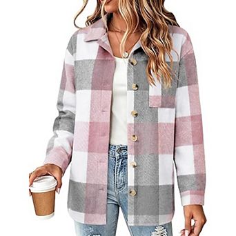 Zeagoo Women Flannel Shacket Jacket Plaid Button Down Long Sleeve Shirt Blouse Fall Outfits