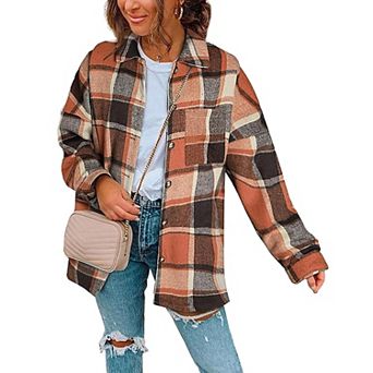 Zeagoo Women Flannel Shacket Jacket Plaid Button Down Long Sleeve Shirt Blouse Fall Outfits