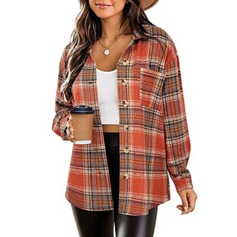 Zeagoo Women Flannel Shacket Jacket Plaid Button Down Long Sleeve Shirt Blouse Fall Outfits