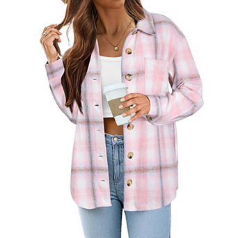 Zeagoo Women Flannel Shacket Jacket Plaid Button Down Long Sleeve Shirt Blouse Fall Outfits