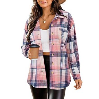 Zeagoo Women Flannel Shacket Jacket Plaid Button Down Long Sleeve Shirt Blouse Fall Outfits