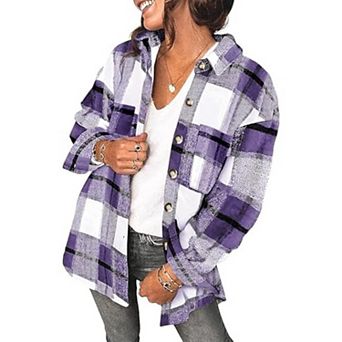 Zeagoo Women Flannel Shacket Jacket Plaid Button Down Long Sleeve Shirt Blouse Fall Outfits