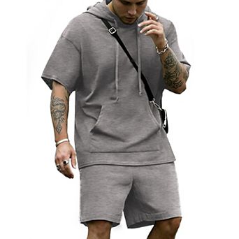 COOFANDY Men' Tracksuit 2 pc Short Sleeve Hoodie Pullover Jogging Track Suit Athletic Casual