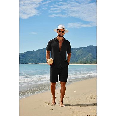 COOFANDY Men' 2 Piece Outfit Casual Short Sleeve Button Down Shirt and Beach Shorts Set Summer
