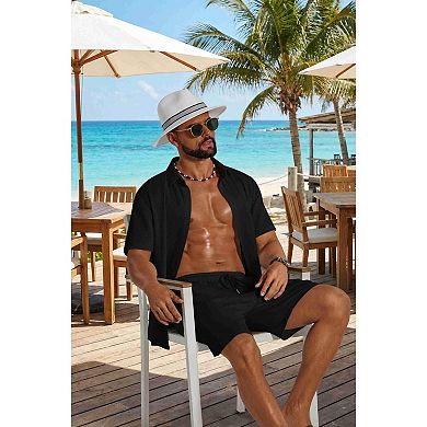 COOFANDY Men' 2 Piece Outfit Casual Short Sleeve Button Down Shirt and Beach Shorts Set Summer