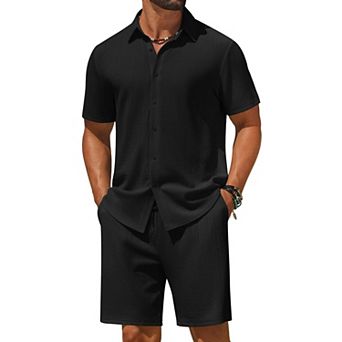 COOFANDY Men' 2 pc Outfit Casual Short Sleeve Button Down Shirt and Beach Shorts Set Summer