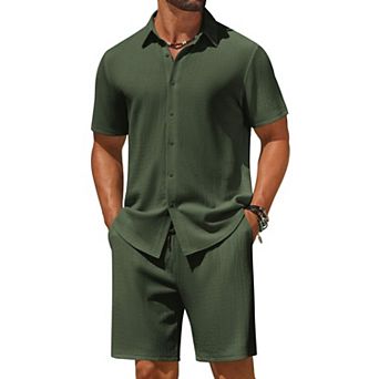 COOFANDY Men' 2 pc Outfit Casual Short Sleeve Button Down Shirt and Beach Shorts Set Summer