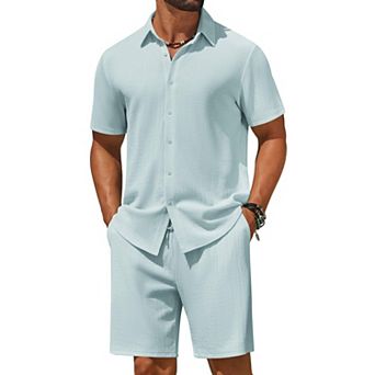 COOFANDY Men' 2 pc Outfit Casual Short Sleeve Button Down Shirt and Beach Shorts Set Summer