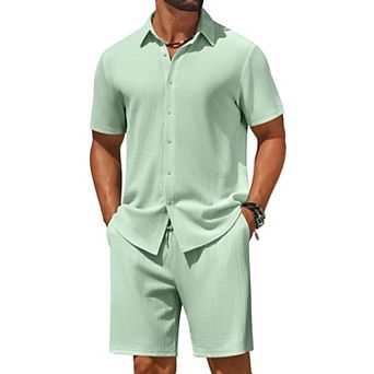 COOFANDY Men' 2 pc Outfit Casual Short Sleeve Button Down Shirt and Beach Shorts Set Summer