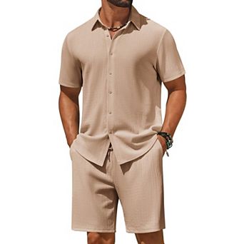 COOFANDY Men' 2 pc Outfit Casual Short Sleeve Button Down Shirt and Beach Shorts Set Summer