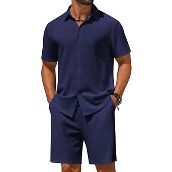 COOFANDY Men' 2 pc Outfit Casual Short Sleeve Button Down Shirt and Beach Shorts Set Summer
