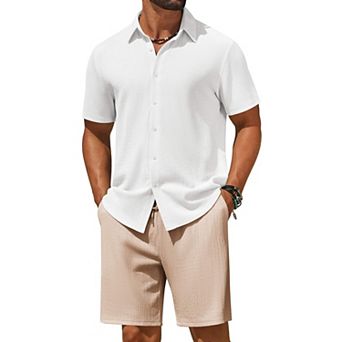COOFANDY Men' 2 pc Outfit Casual Short Sleeve Button Down Shirt and Beach Shorts Set Summer