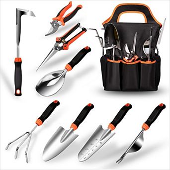 9 pc Stainless Steel Gardening Tool Set, Heavy Duty Non-Slip Rubber Grip with Storage Pocket