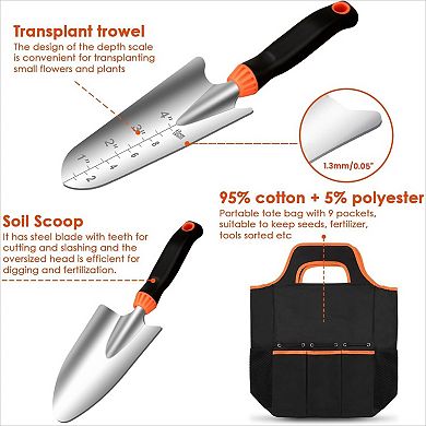 9-Piece Stainless Steel Gardening Tool Set, Heavy Duty Non-Slip Rubber Grip with Storage Pocket