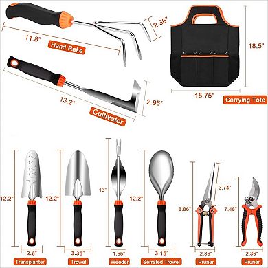 9-Piece Stainless Steel Gardening Tool Set, Heavy Duty Non-Slip Rubber Grip with Storage Pocket
