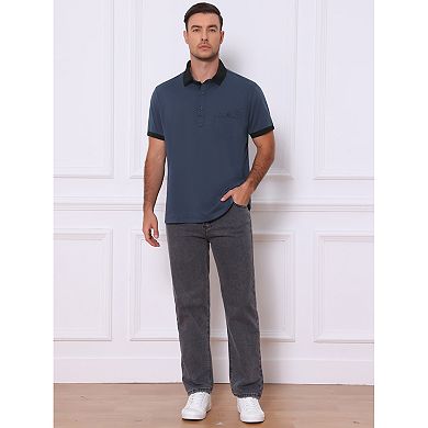 Men's Summer Contrast Collar Pocket Short Sleeves Golf Polo Shirts