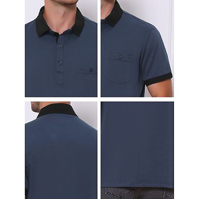 Men's Summer Contrast Collar Pocket Short Sleeves Golf Polo Shirts