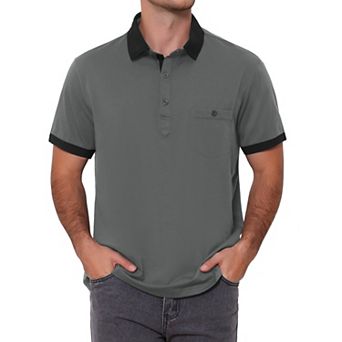 Men's Summer Contrast Collar Pocket Short Sleeves Golf Polo Shirts