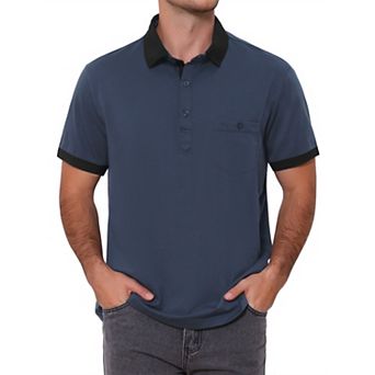 Men's Summer Contrast Collar Pocket Short Sleeves Golf Polo Shirts
