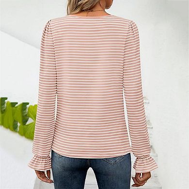 Women's Long Sleeve Square Neck Striped Casual Soft T-Shirt