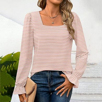 Women's Long Sleeve Square Neck Striped Casual Soft T-Shirt
