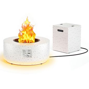 30" Round Iron Fire Pit, 50000 BTU with LED Light & Lid, for Home & Camping（White/ Golden Light）