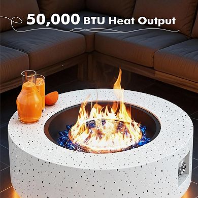 30" Round Iron Fire Pit, 50000 BTU with LED Light & Lid, for Home & Camping（White/ Golden Light）