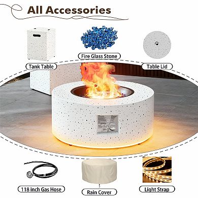 30" Round Iron Fire Pit, 50000 BTU with LED Light & Lid, for Home & Camping（White/ Golden Light）