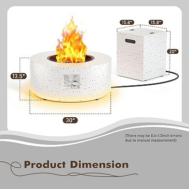 30" Round Iron Fire Pit, 50000 BTU with LED Light & Lid, for Home & Camping（White/ Golden Light）
