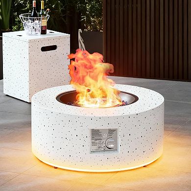 30" Round Iron Fire Pit, 50000 BTU with LED Light & Lid, for Home & Camping（White/ Golden Light）