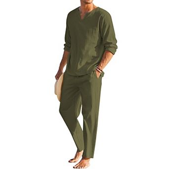 COOFANDY Men' 2 pc Cotton Linen Set Henley Shirt Long Sleeve and Casual Beach Pants Summer
