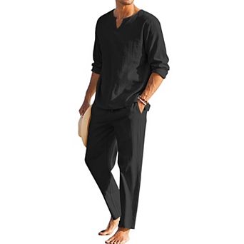 COOFANDY Men' 2 pc Cotton Linen Set Henley Shirt Long Sleeve and Casual Beach Pants Summer