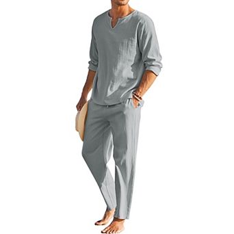 COOFANDY Men' 2 pc Cotton Linen Set Henley Shirt Long Sleeve and Casual Beach Pants Summer